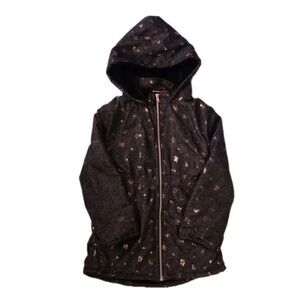 Penelope Mack Black Faux Fur Lined Hooded Coat sz 8 Girls Gold Floral Pattern